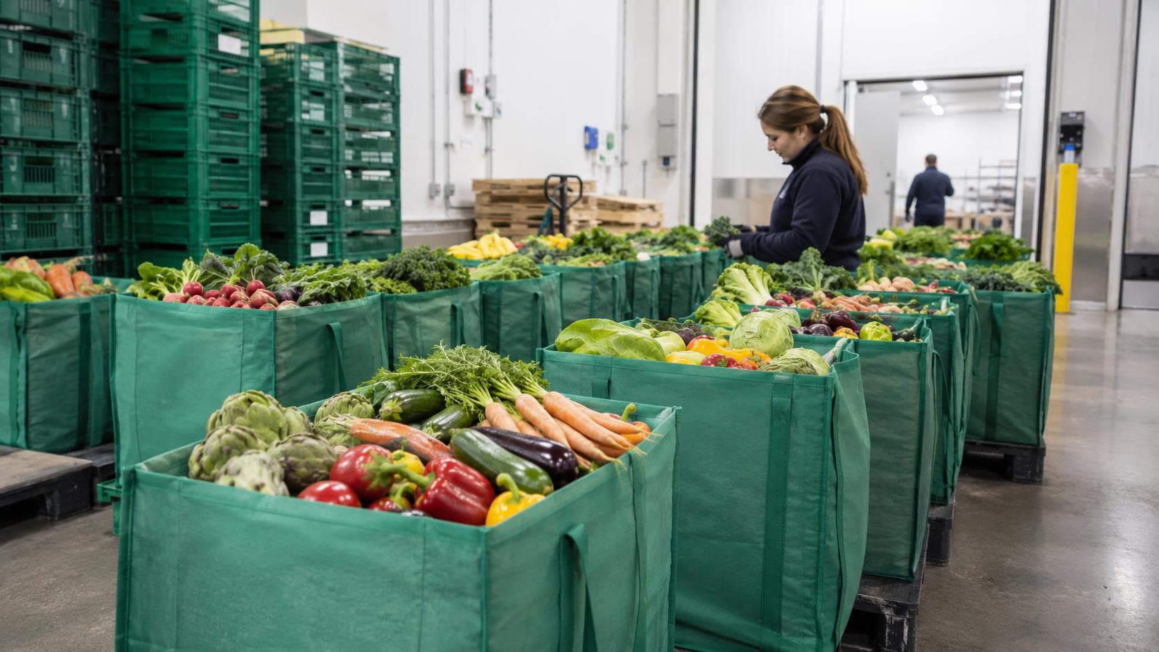 Source-separated surplus produce collected in totes at a SNAP facility